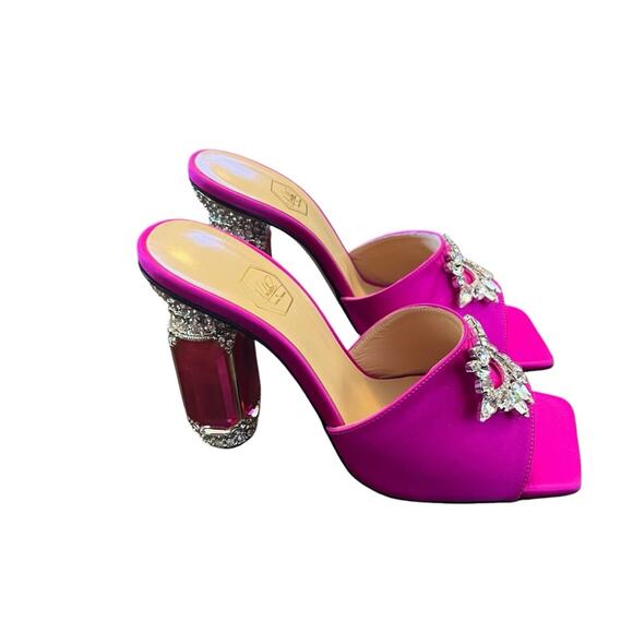 Nalebe Aurum Crystal Embellished Satin Mule Magenta Square Toe Heels EU38/US 8 - Picture 4 of 11
